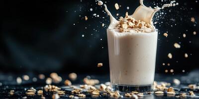 Creamy oat drink with splashing milk and oats captured in a high-contrast setting photo