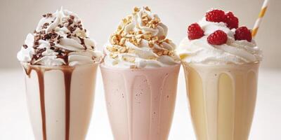 Delicious variety of milkshakes with toppings displayed on a light background photo