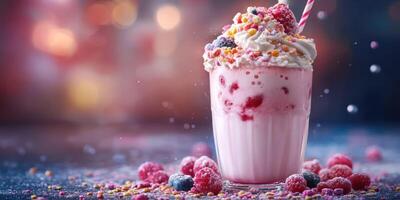 Delicious raspberry milkshake topped with whipped cream and colorful sprinkles at a vibrant location photo