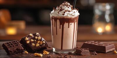 Delicious chocolate shake with whipped cream and chocolate toppings served in a cozy cafe during the evening photo