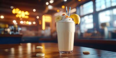 Refreshing banana milkshake served in a cozy cafe during a sunny afternoon with vibrant decor photo