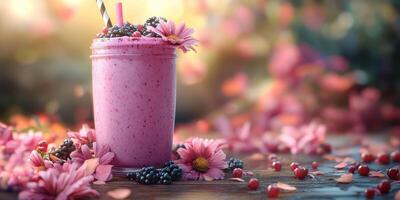 Delicious berry smoothie surrounded by vibrant flowers in a sunny setting photo