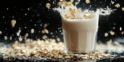 Oat milk splashes from a glass surrounded by scattered oats on a dark surface in an artistic display of texture and movement photo