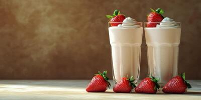 Delicious strawberry milkshakes served in tall glasses with fresh strawberries on the side presented in a cozy setting photo