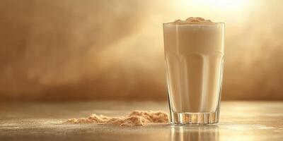 Creamy beverage with a sprinkle of powder on a rustic surface in warm light during the evening photo