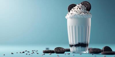 Creamy dessert drink topped with cookies and whipped cream on a blue background photo