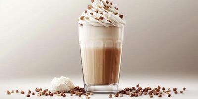 Creamy coffee beverage topped with whipped cream and caramel bits in a glass on a neutral background photo