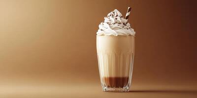 Creamy dessert beverage with whipped cream and chocolate drizzle in a glass photo