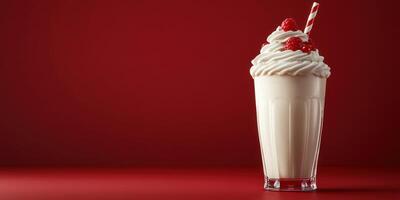 Creamy milkshake with whipped cream and cherries served in a tall glass against a bold red background photo