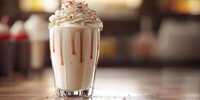 Creamy milkshake topped with whipped cream and caramel drizzle on a wooden table in a cafe setting photo