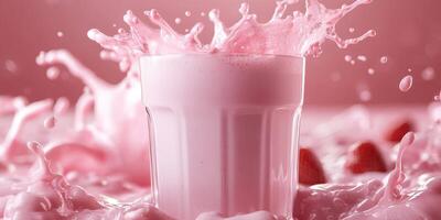 Refreshing strawberry milkshake splashing in a glass surrounded by creamy milk and fresh strawberries photo