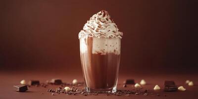Delicious chocolate milkshake topped with whipped cream and chocolate shavings on a wooden table photo