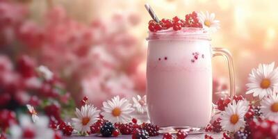 Refreshing berry smoothie served in a glass jar amidst flowers in a bright outdoor setting photo