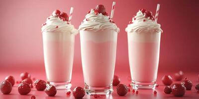 Delicious raspberry milkshakes topped with whipped cream and fresh berries on a vibrant background photo