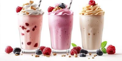 Delicious fruit shakes served in clear glasses with whipped cream and berries on a white background photo