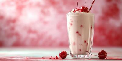 Refreshing cherry milkshake enjoyed in a colorful cafe setting on a warm afternoon photo