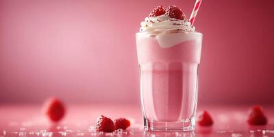 Refreshing raspberry smoothie topped with whipped cream in a charming pink setting photo