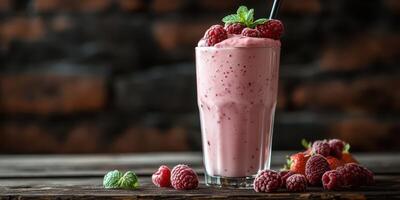 Refreshing raspberry smoothie served in a tall glass garnished with mint leaves and surrounded by fresh berries photo