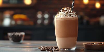 Creamy iced coffee with whipped cream and chocolate sprinkles served in a cozy cafe photo