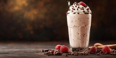 Creamy raspberry chocolate shake served in a glass with whipped cream and chocolate chips on a dark wooden surface photo