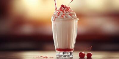 Creamy milkshake topped with whipped cream and cherries sits on a rustic wooden table in a cozy cafe setting photo