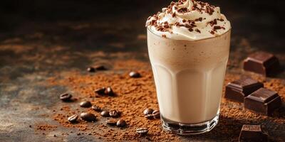 Indulgent chocolate coffee drink with whipped cream and chocolate shavings served in a glass photo
