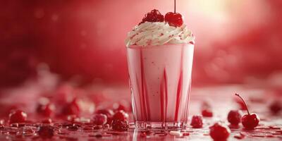 Delicious cherry milkshake topped with whipped cream and cherries on a vibrant red background photo
