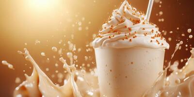 Delicious creamy dessert with whipped topping and caramel drizzle during golden hour photo