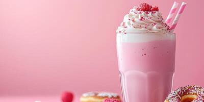 Delicious raspberry milkshake with whipped cream and donuts on a pastel pink background photo
