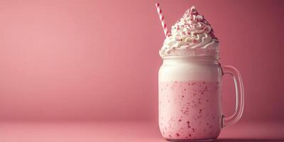 Creamy pink milkshake topped with whipped cream and a cherry in a clear jar on a soft pink background photo