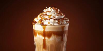 Creamy caramel coffee beverage topped with whipped cream and chocolate drizzle in a tall glass serves as a delightful treat photo