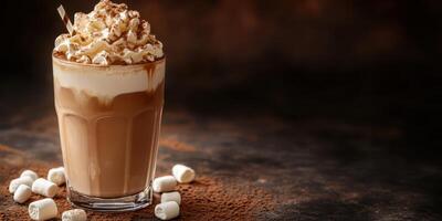 Creamy coffee drink topped with whipped cream and marshmallows on a dark surface photo