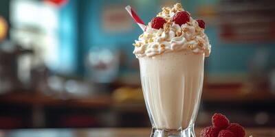 Creamy milkshake topped with whipped cream, raspberries, and popcorn in a retro diner setting photo