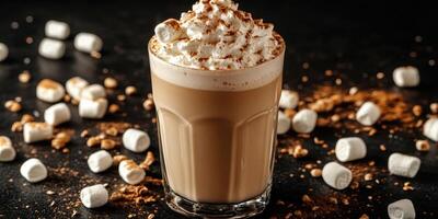 Creamy beverage topped with whipped cream and marshmallows is served on a dark surface photo