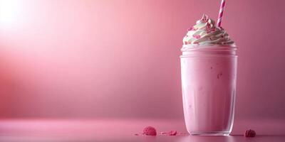 Raspberry shake topped with whipped cream and a striped straw on a pink background in a cozy setting photo