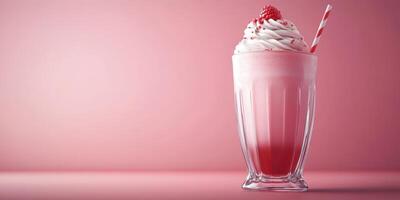 Refreshing milkshake topped with whipped cream and a cherry against a pink background photo