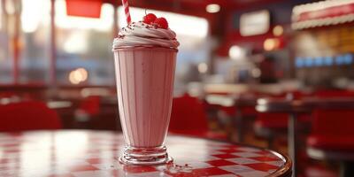 Classic milkshake with whipped cream and raspberries in a retro diner setting during the afternoon photo