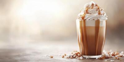 Indulgent caramel latte topped with whipped cream and drizzled sauce in a cozy cafe setting during golden hour photo