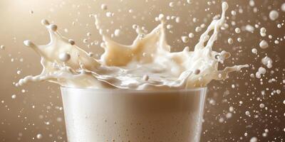 Milk splashes dramatically from a glass in a studio setting with soft lighting and motion blur effects photo
