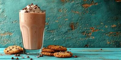 Chocolate milkshake served with fresh cookies on a rustic turquoise table photo