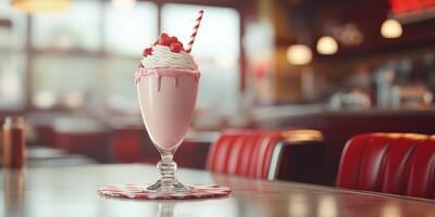 Enjoying a delicious pink milkshake topped with whipped cream and cherries at a retro diner during the afternoon photo