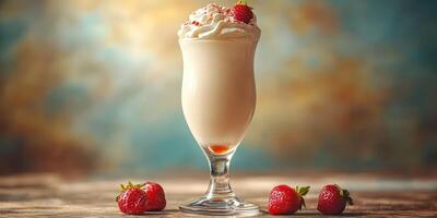 Creamy milkshake topped with whipped cream and fresh strawberries in a tall glass photo