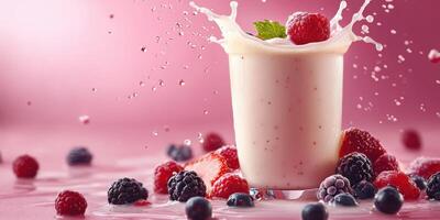 Fresh mixed berry smoothie splashing with vibrant colors on a soft pink background photo