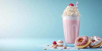 Delicious milkshake topped with whipped cream and fresh raspberries beside colorful donuts on a pastel blue background photo