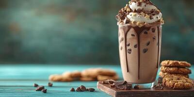 Indulgent chocolate shake topped with whipped cream and sprinkles served with cookies on a turquoise table photo
