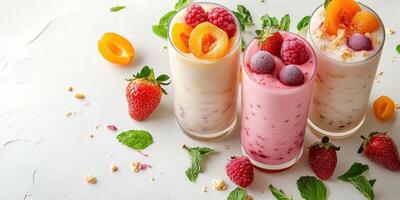 Refreshing fruit smoothies in glass cups with vibrant colors and garnishes on a white background photo