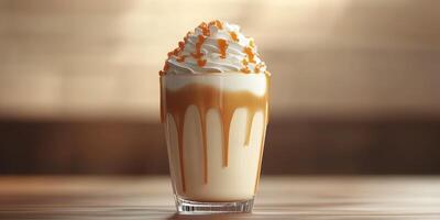 Creamy dessert beverage topped with whipped cream and caramel drizzle on a wooden table photo
