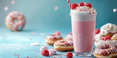 Refreshing raspberry milkshake with whipped cream and donuts on a blue background photo