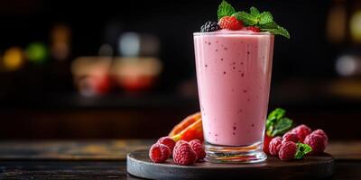 Delicious berry smoothie served in a tall glass with fresh mint on a dark table photo