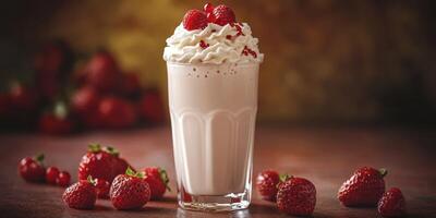 Frosty berry milkshake topped with whipped cream and fresh raspberries in a cozy setting photo